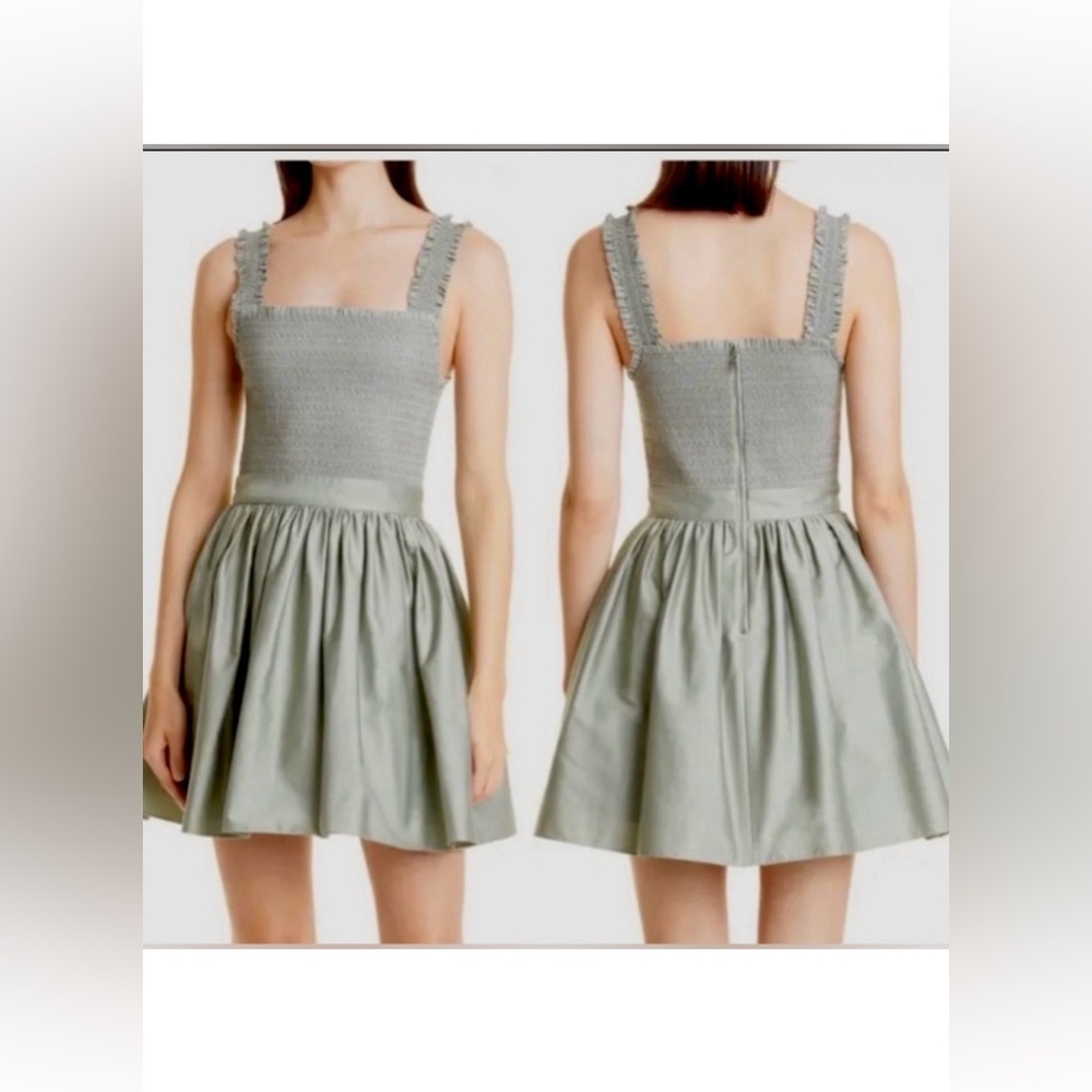 Alice + Olivia Barrett Mini Dress Smocked Bodice Cotton Sage Green Size 10 NWT